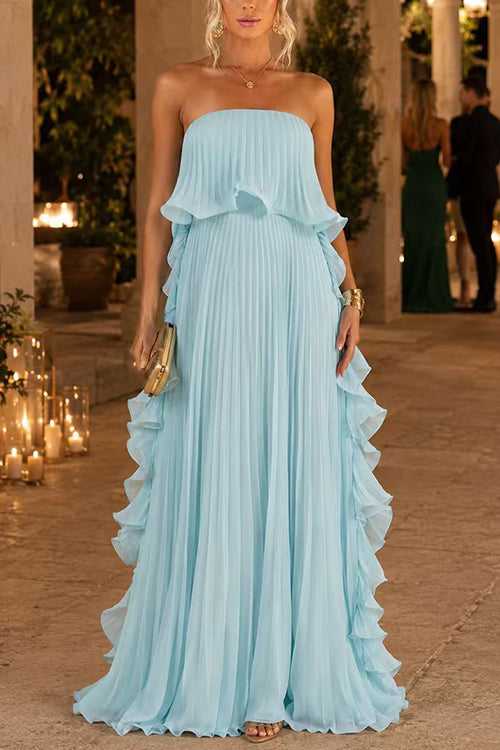 Strapless Tube Ruffle Hem Pleated Maxi Dress