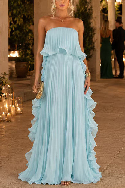 Strapless Tube Ruffle Hem Pleated Maxi Dress