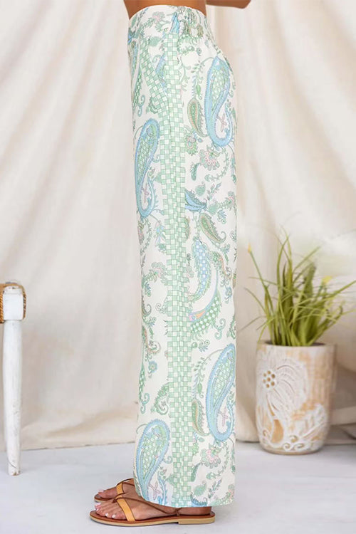 Elastic Waist Paisley Print Pocketed Wide Leg Pants