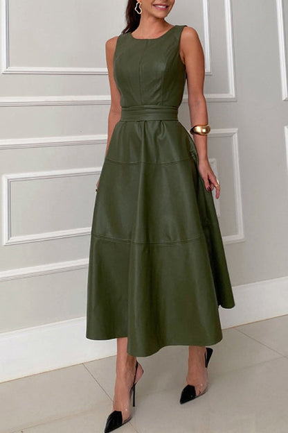 Sleeveless Tie Waist Ruffle Tiered Faux Leather Midi Dress