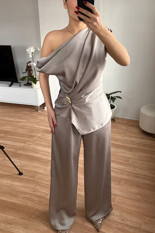 Asymmetrical Shoulder Ruched Top Straight Leg Pants Satin Set