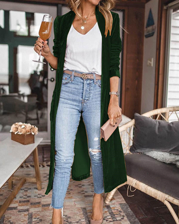 Clidress Loose Elastic Velvet Long Cardigan Jacekt Coat