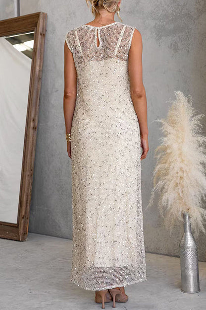 Sleeveless Side Slit Sequin Maxi Dress with Inner Lining