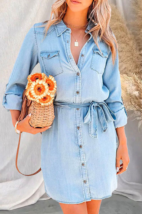Rolled Up Long Sleeves Tie Waist Denim Shirt Dress LightBlue