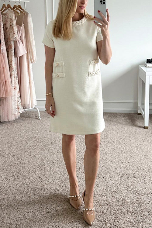Elegant Crewneck Short Sleeves Buttons Tweed Dress Beige