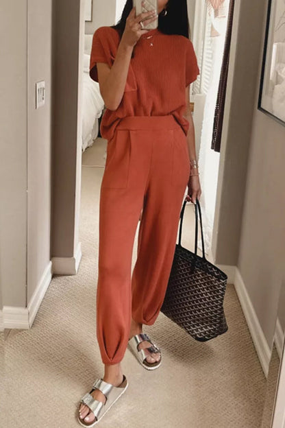 Short Sleeves Ribbed Knit Pullover Ruched Harem Pants Set Rust