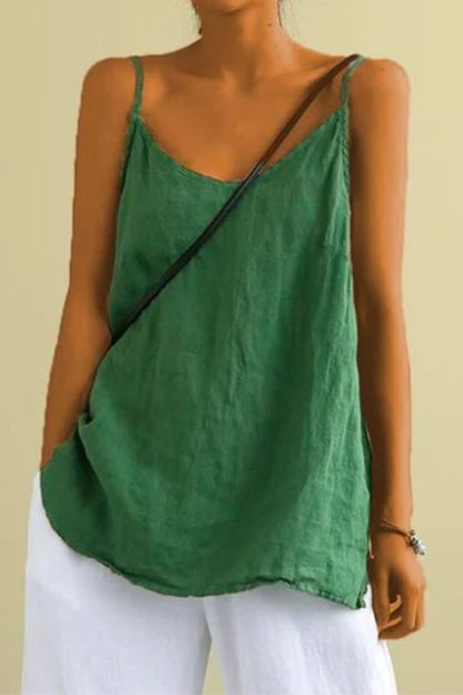 Scoop Neck Solid Cotton Linen Cami Top Green