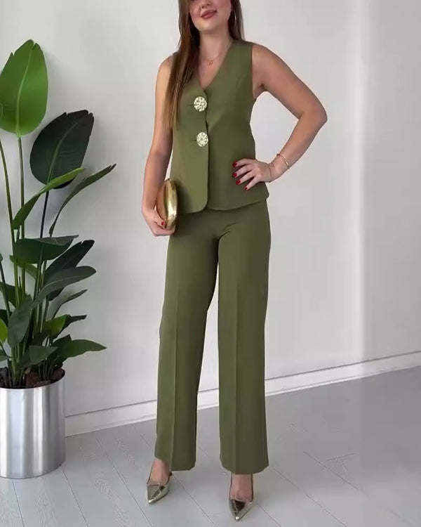 Clidress Big Gold Button Vest & City Pants 2 Pieces Set Suit(12 Colors)
