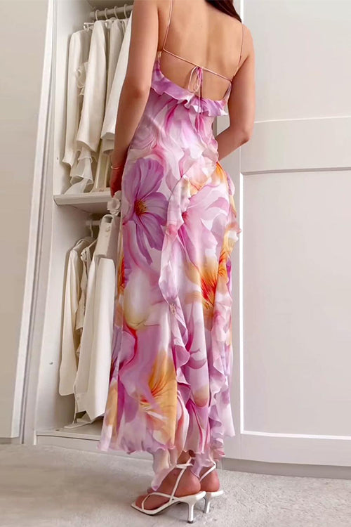 V Neck Backless Ruffle Trim Slit Floral Print Maxi Cami Dress
