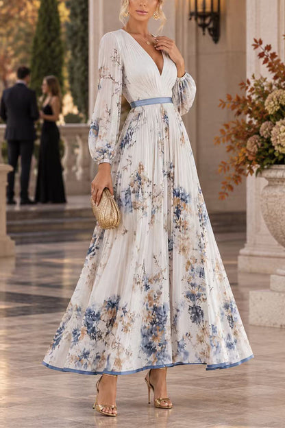 V Neck Lantern Long Sleeves Floral Print Pleated Maxi Dress (C)