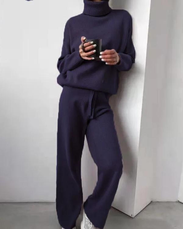Clidress Turtleneck Sweater Knit Pants 2 Pieces Set