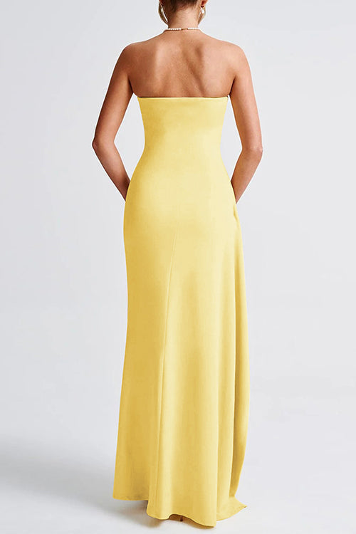 Strapless Tube Draped Slit Maxi Party Dress