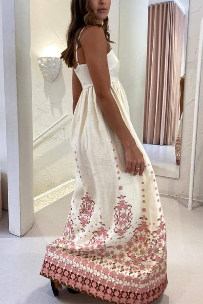 Spaghetti Strap High Waist Floral Print Cotton Linen Maxi Dress