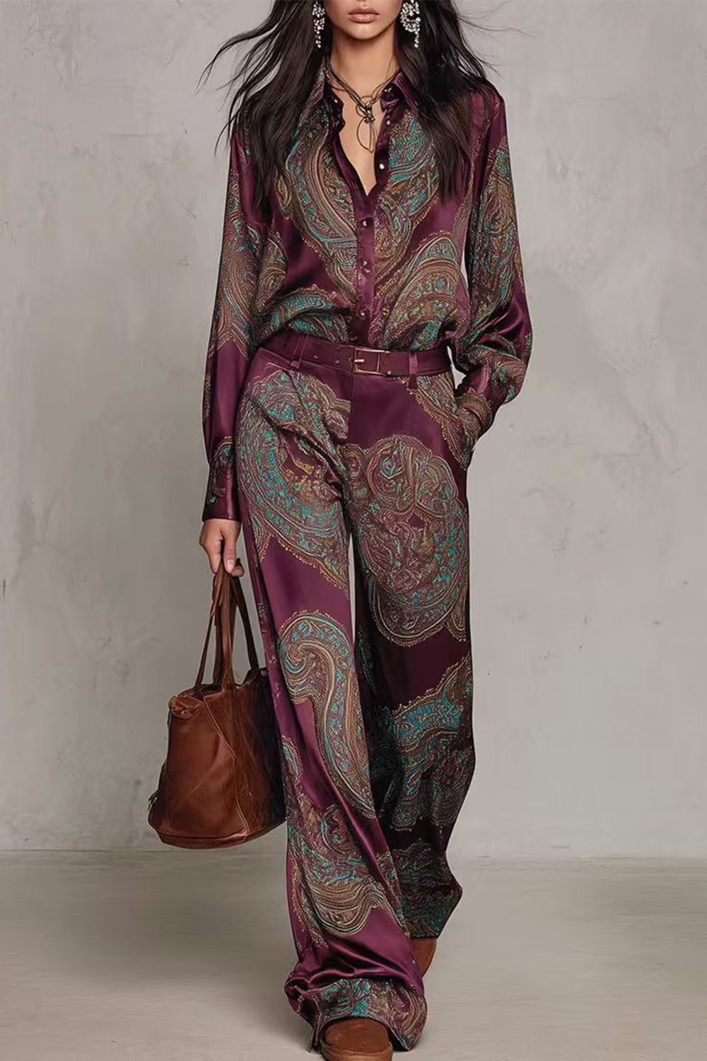 Lapel Long Sleeves Shirt High Rise Pocketed Straight Leg Pants Paisley Print Set (C)