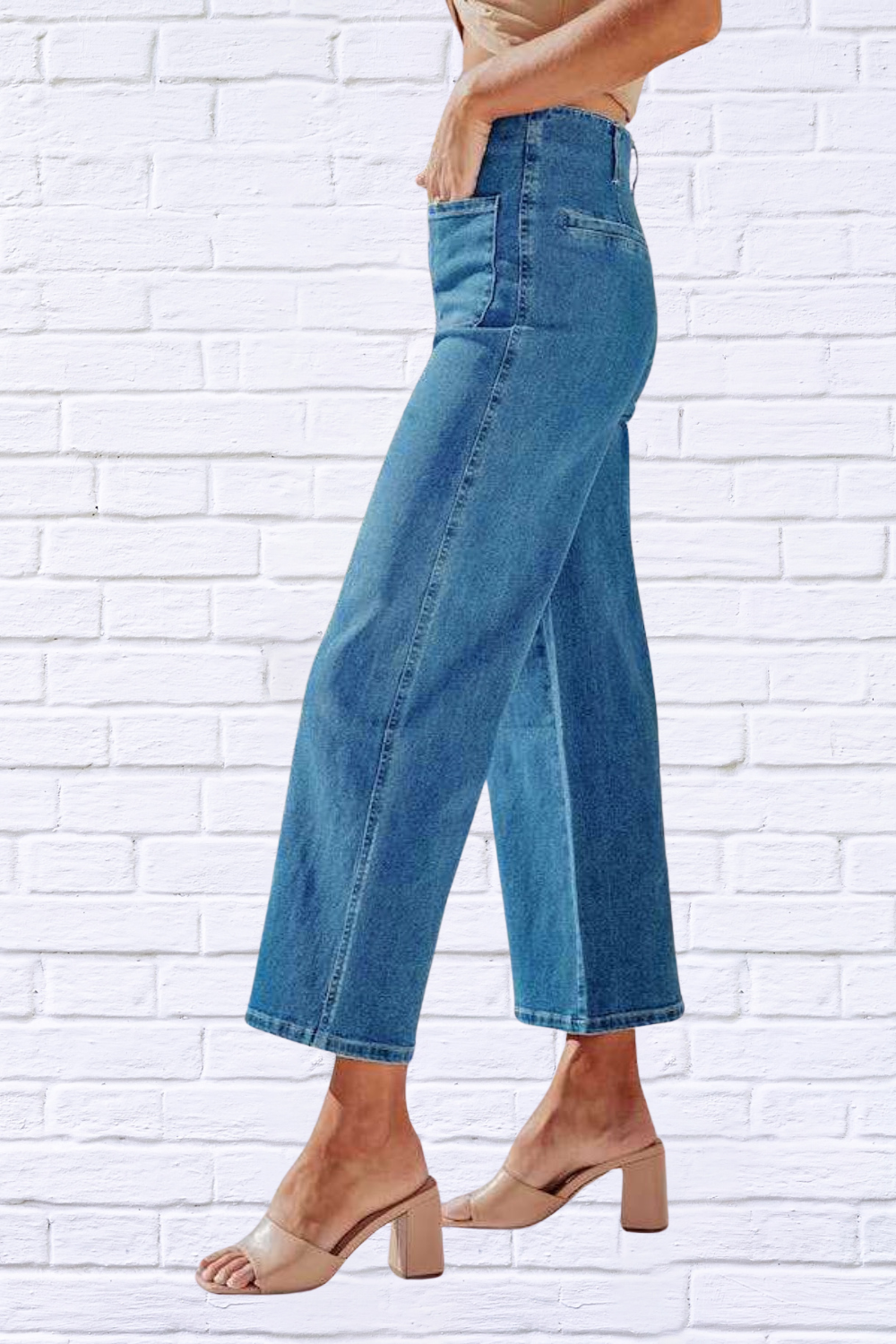 Button Fly Cropped Wide Leg Jeans Dark Blue