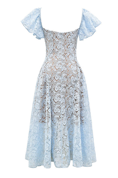 V Neck Flare Sleeves Floral Lace Midi Dress