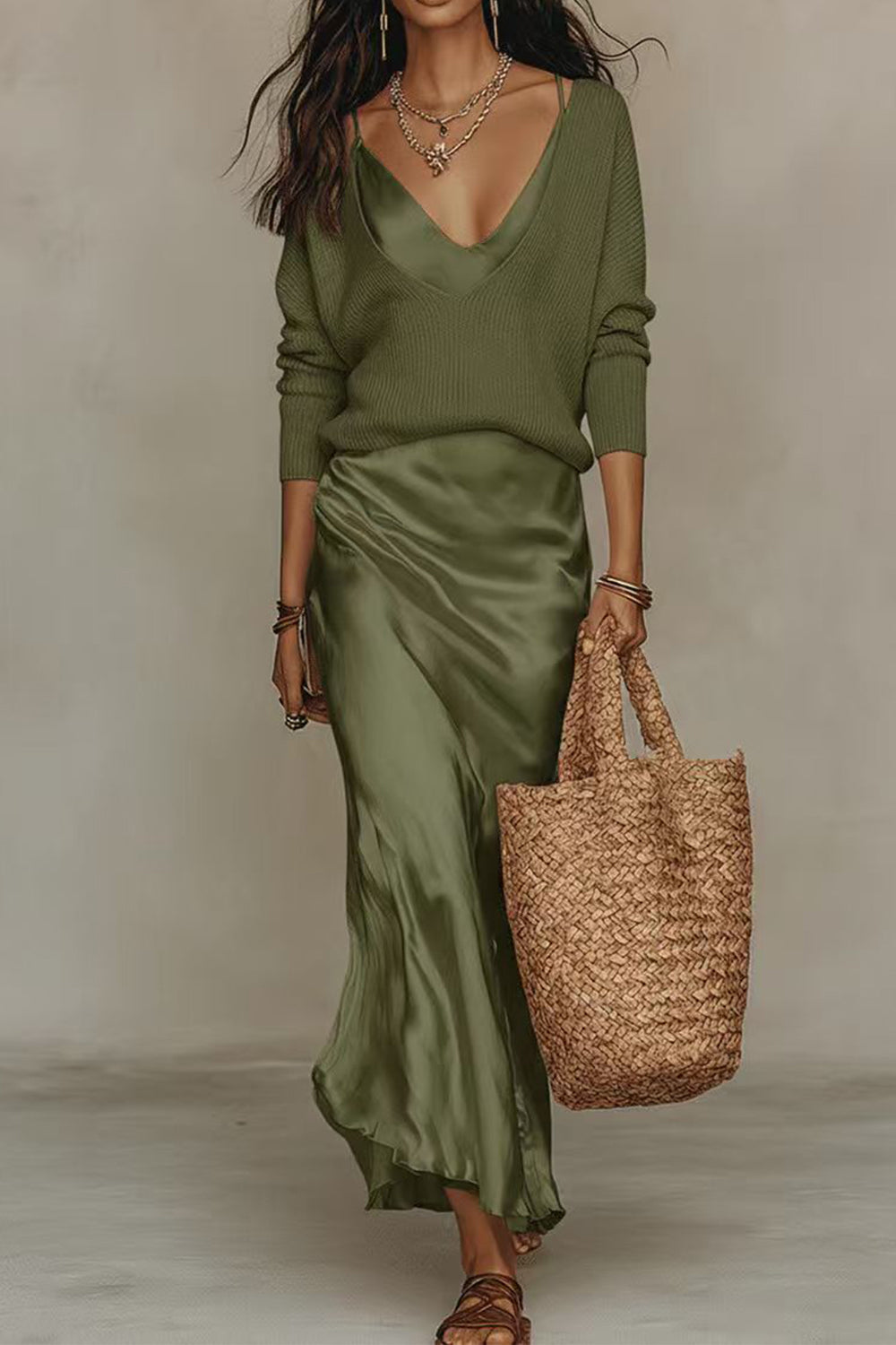 V Neck Drop Shoulder Sweater and Satin Maxi Cami Dress Set (C)