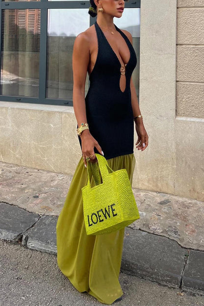 Halter Open Back Cut Out Slit Ruffle Maxi Dress
