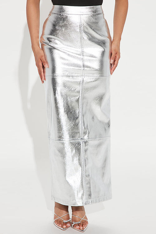 Back Slit Faux Leather Bodycon Maxi Skirt
