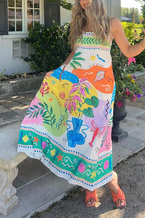High Waist Tropic Print Maxi Cami Dress