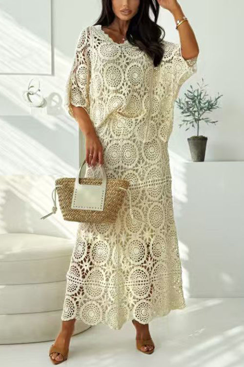V Neck Half Sleeves Crochet Hollow Out Top