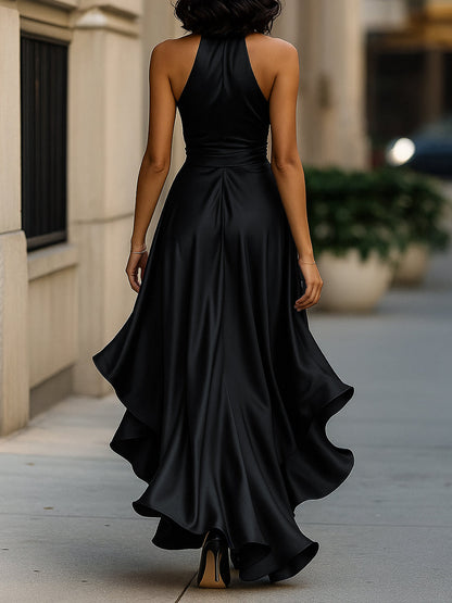 Midnight Elegance Satin Halter Ruffle Gown