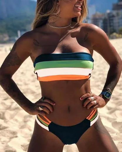 Clidress Neon Rainbow Stripes Two Piece Bikini Set