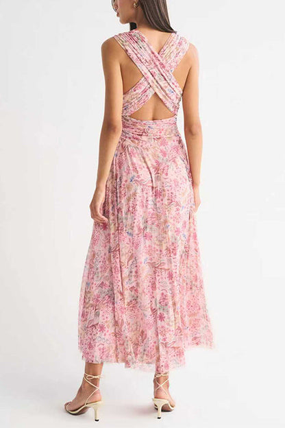 Halter V Neck Floral Print Maxi Dress