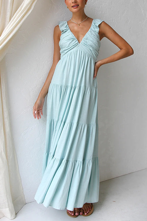 V Neck Ruffle Trim Tiered Sleeveless Linen Maxi Dress Sky Blue