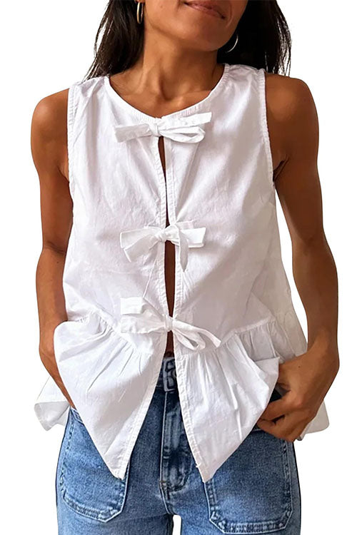 Bow Front Sleeveless Cotton Linen Ruffle Top(in 6 Colors)