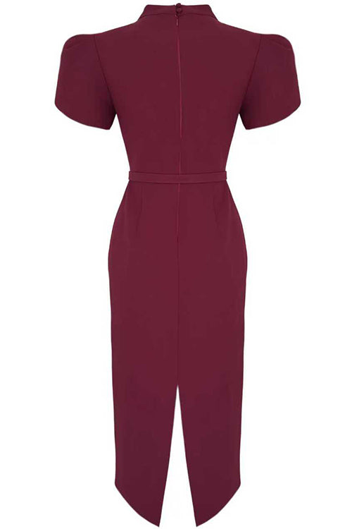 Mockneck Puff Short Sleeves Back Slit Midi Dress