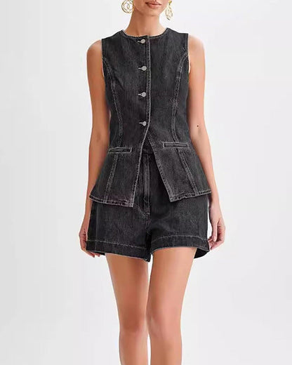 Clidress Denim Tank Top & Jeans Shorts Set