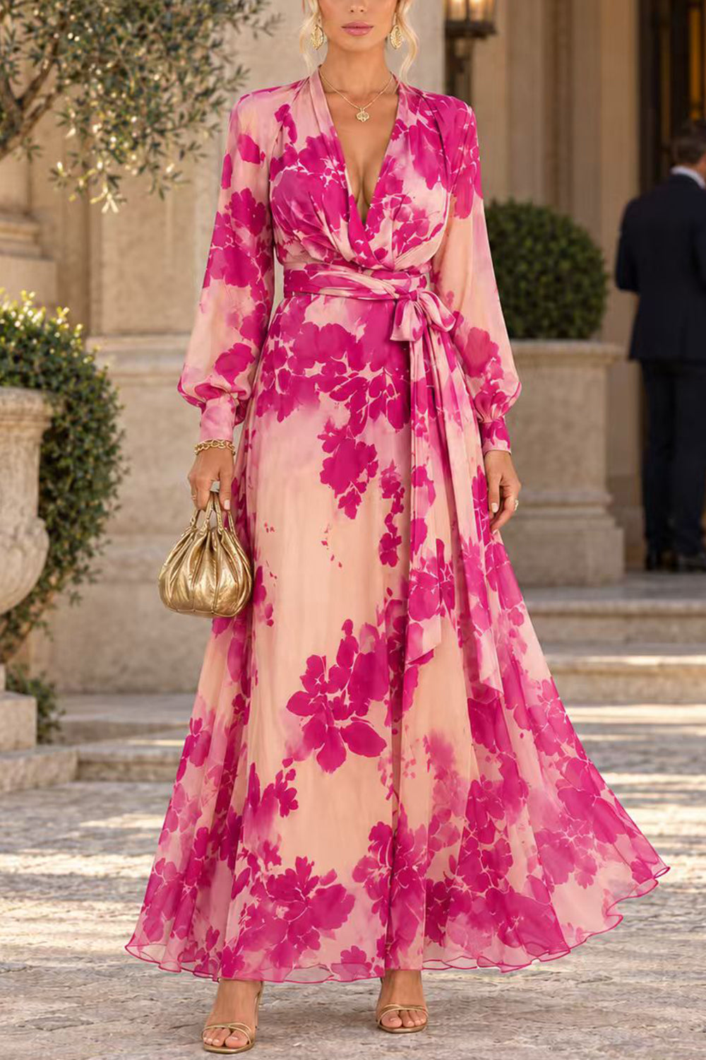 V-Neck Long Sleeve Floral Print Maxi Dress