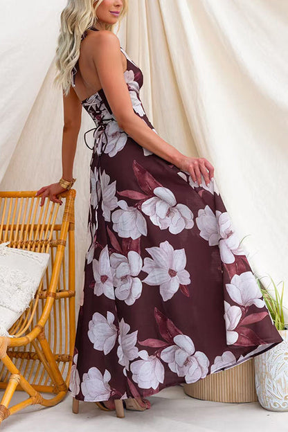 Halter V Neck Back Lace-up Floral Print Maxi Dress