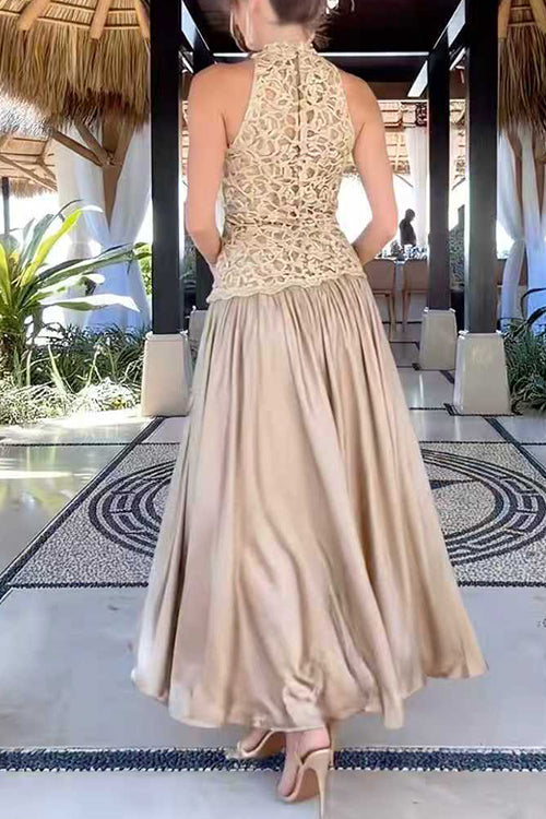 Mockneck Sleeveless Lace Splice Satin Maxi Dress