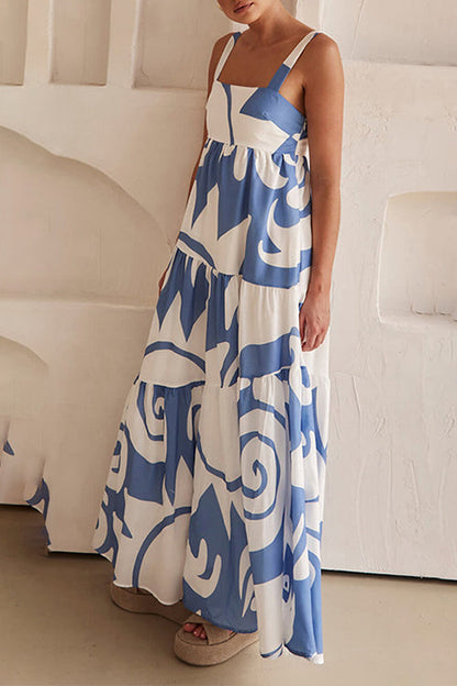 Backless Ruffle Tiered Printed Maxi Cami Dress