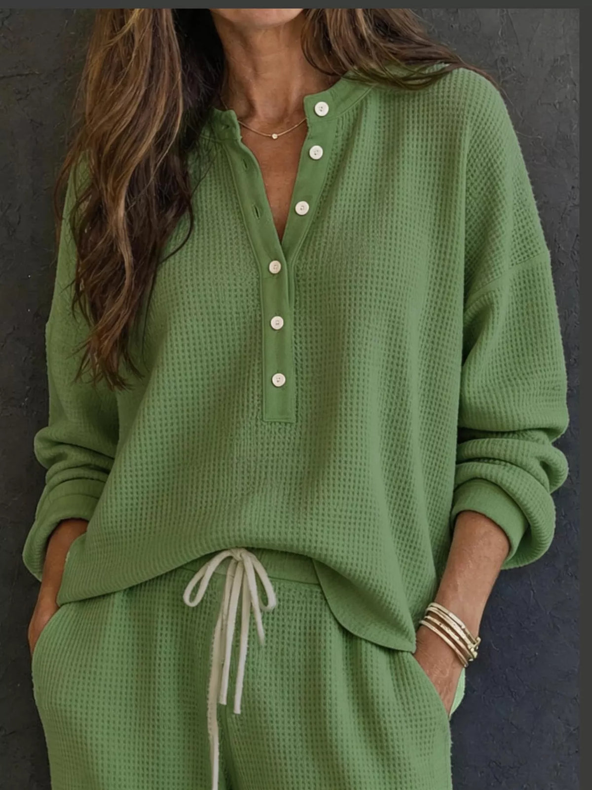 Women’s Waffle Knit Two-Piece Pants Set – Button-Front Top & Wide-Leg Pants