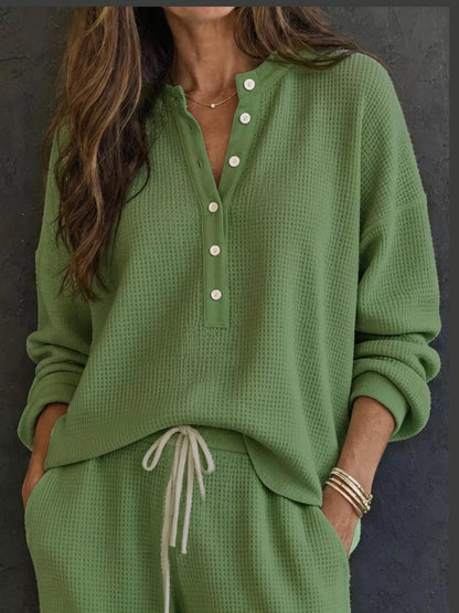 Women’s Waffle Knit Two-Piece Pants Set – Button-Front Top & Wide-Leg Pants