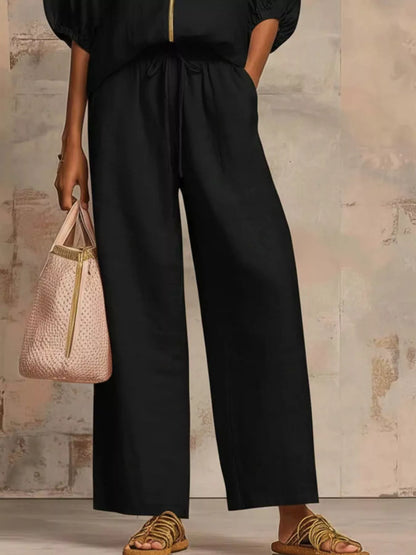 Full Size Zip-Front Top and Wide-Leg Pants Set Plus Size