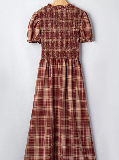 Plaid Knot Front Smocked High Waist Midi Dress