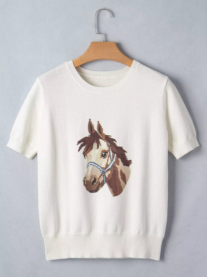 Wild West Horse Head Printed Short Sleeve Sweater