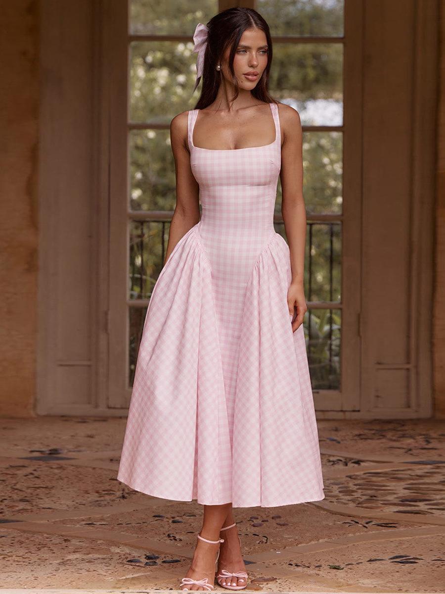 Plaid Print Waist Sling Dress Pink S