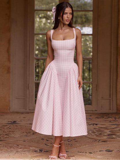 Plaid Print Waist Sling Dress Pink S