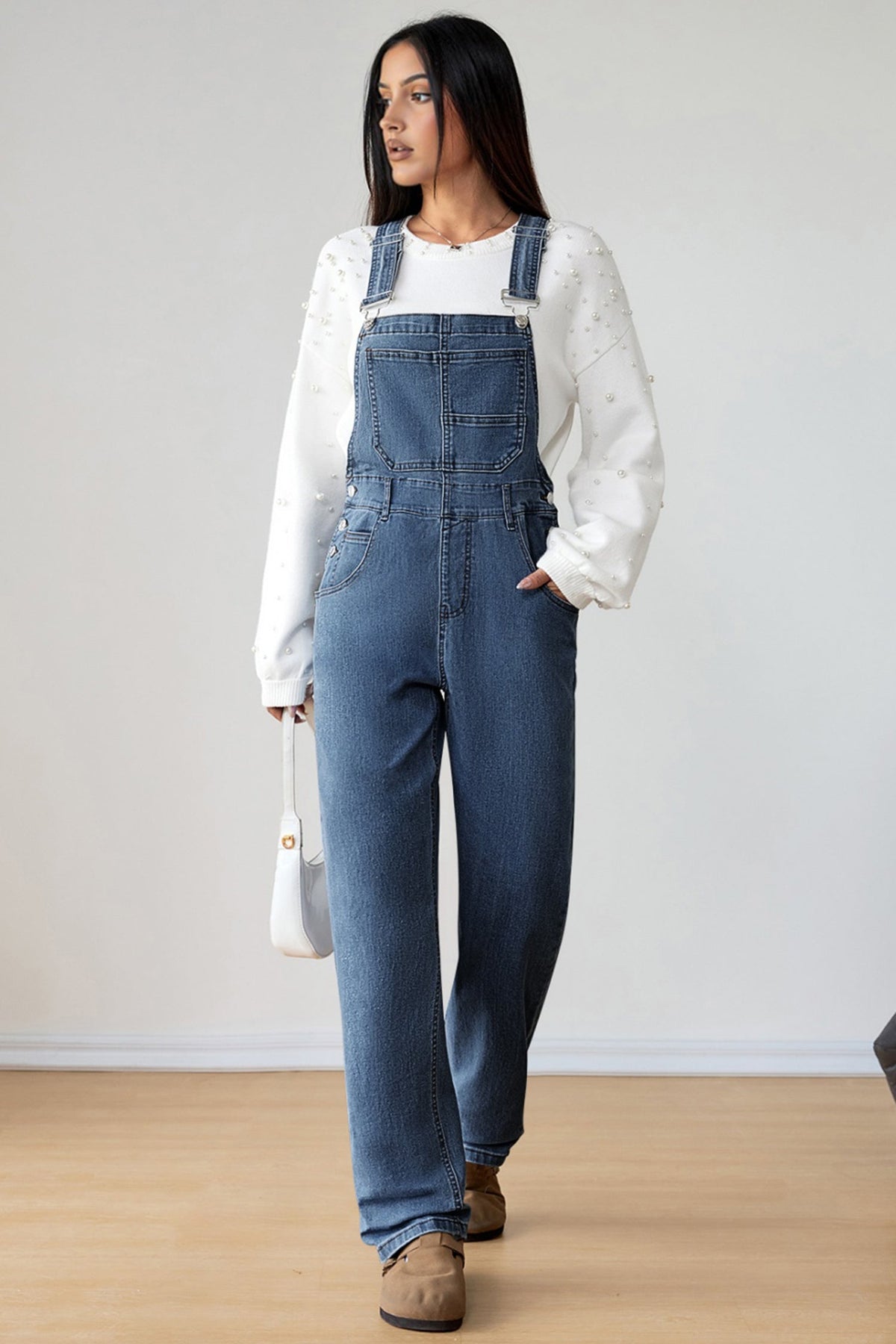 Dark Blue Retro Bib Pocket Buckle Straps Casual Denim Jumpsuit