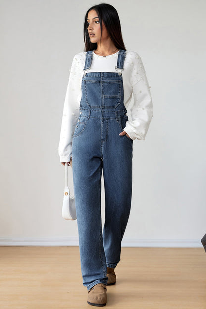 Dark Blue Retro Bib Pocket Buckle Straps Casual Denim Jumpsuit