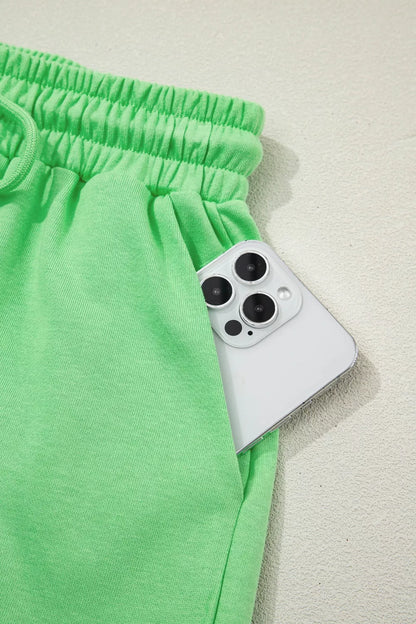 Solid Color Puffy Loose Top Drawstring Shorts 2pcs Outfit