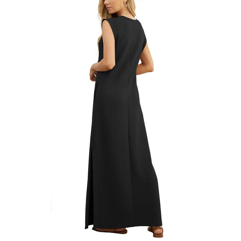 Women Round Neck Casual Loose Split Wrinkle-Free Long Maxi Beach Dress with Pockets