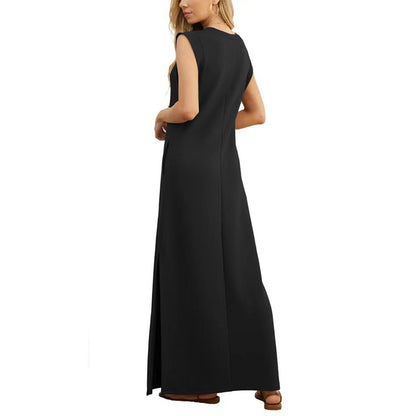 Women Round Neck Casual Loose Split Wrinkle-Free Long Maxi Beach Dress with Pockets