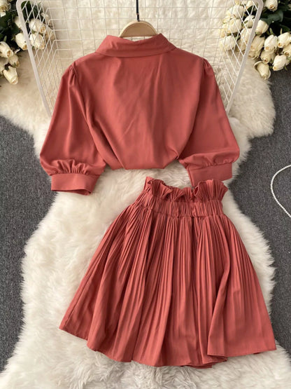 Puff Sleeve Shirt and Pleated Skirt Set