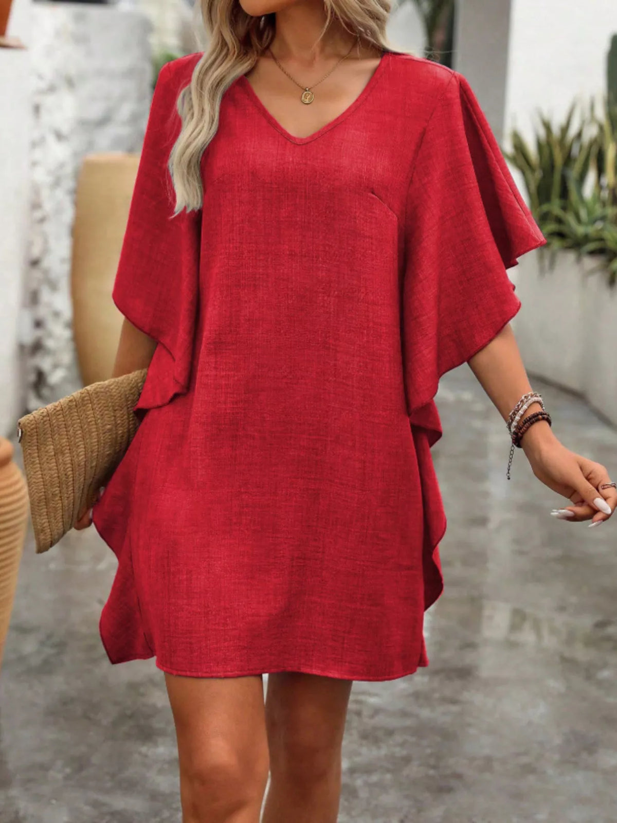 Flowy Sleeve V-Neck Casual Mini Dress
